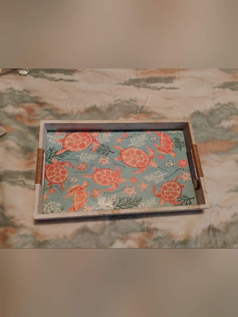 Coastal Turtle Decorative Serving Tray - Blue and Coral